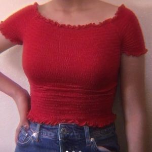 red crop too off the shoulder shirt